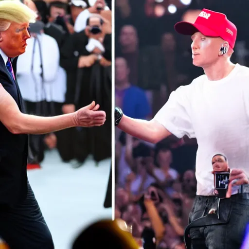 Image similar to photograph of donald trump facing eminem on a rap battle