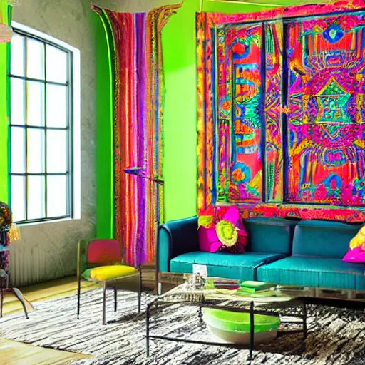 Image similar to a neon bohemian room, highly realistic, photo