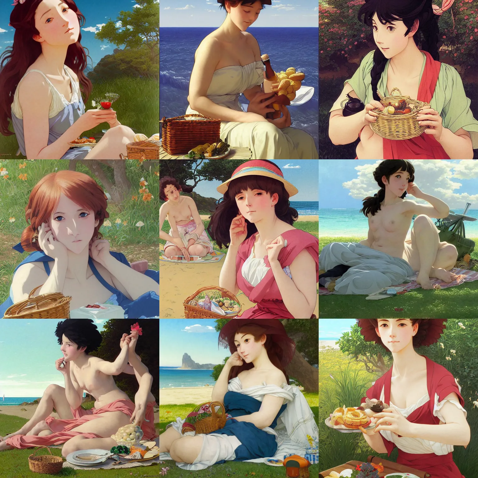 Prompt: portrait of a woman having a picnic on a sunny beach, finely illustrated face, highly detailed, colored pencil, studio ghibli, tankobon, in the style of ilya kuvshinov and krenz cushart and william - adolphe bouguereau and alphonse mucha