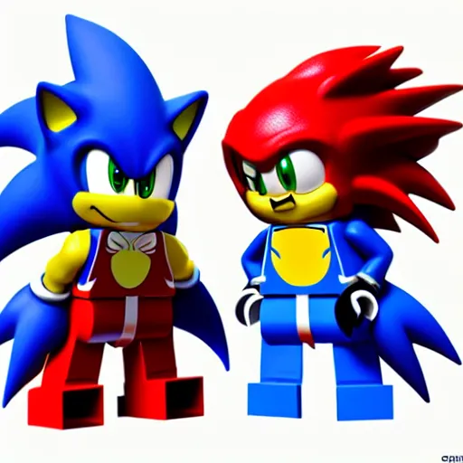 Prompt: sonic the hedgehog as a lego minifigure, high quality digital photography
