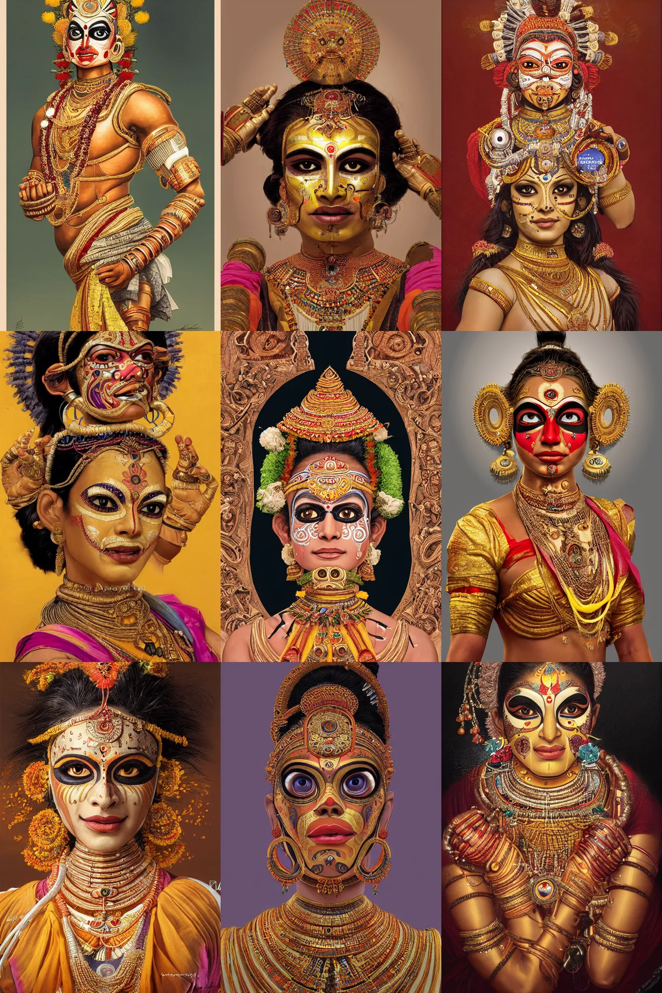 Prompt: a stunning ultrarealistic illustration of an indian kathakali dancer cyborg with cybernetic implants on the face, very detailed, deep depth of focus, intricate, headshot, portrait, 3 5 mm lens, golden ratio composition, studio lighting, artstation, 8 k, highly coherent, by artgerm and alphonse mucha and greg rutkowski