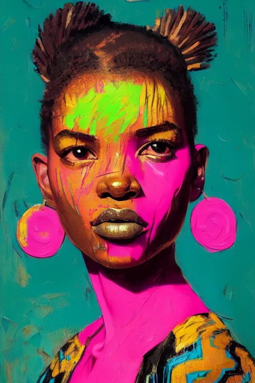 Image similar to portrait of a stylized african young lady, painted in acrylic, pigment textures, wet paint, in the colors hot pink and cyan, beautiful realistic face, rule of thirds, spotlight, by greg rutkowski, by jeremy mann, by francoise nielly, by van gogh, by ross tran, in focus