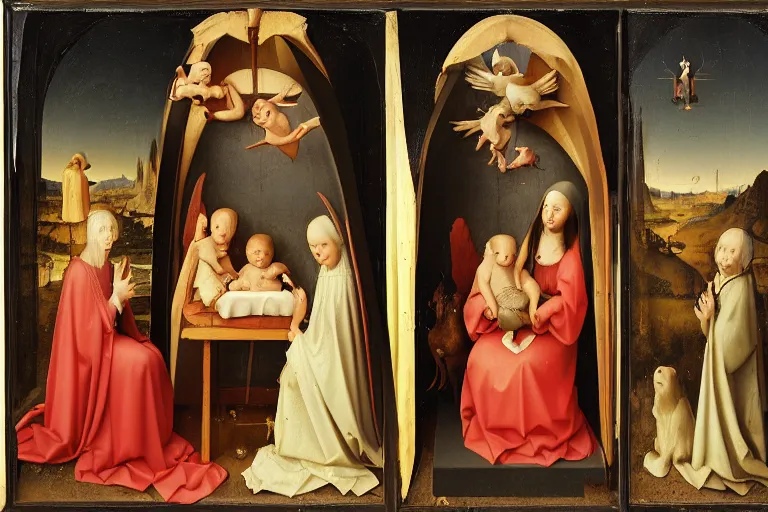 Prompt: a three panels altarpiece with nativity of pepe by Beeple and Hieronymus Bosch, renaissance style, oil painting,