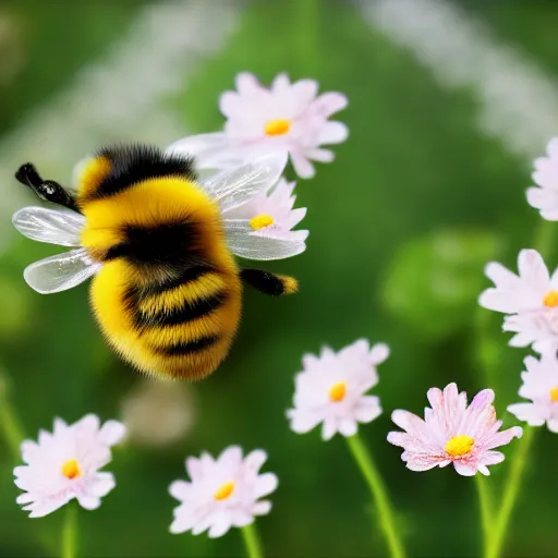 Prompt: cute fluffy bumblebee sitting on a flower in spring meadow detailed painting 4 k