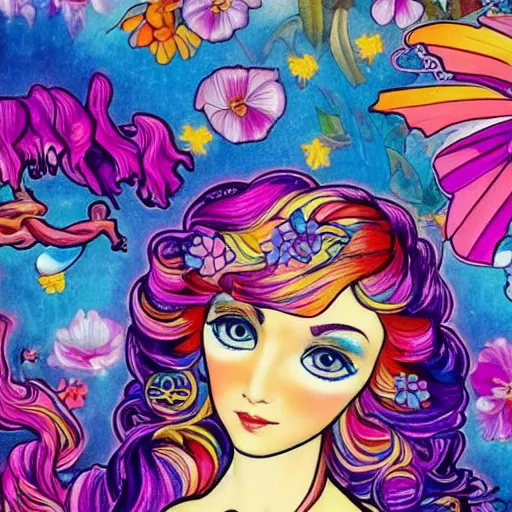 Image similar to a beautiful day, painted by lisa frank and alfons mucha collaboration