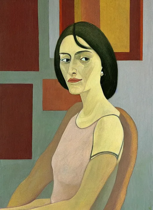 Image similar to a painted portrait of a confident women, art by felice casorati, aesthetically pleasing and harmonious natural colors, expressionism, natural light, fine day, portrait