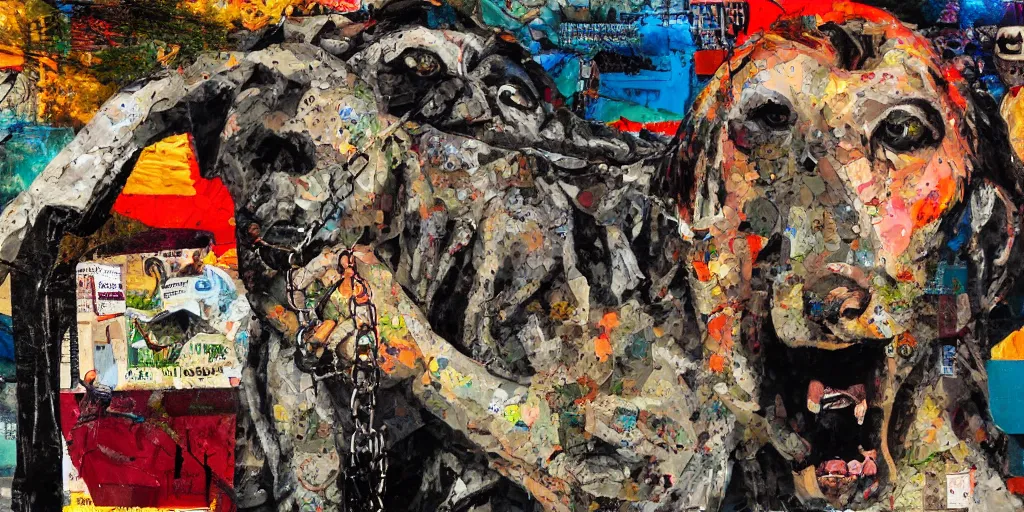 Image similar to mad dog on a chain, trash bags, collage, acrylic on canvas, expressionism movement, breathtaking detailed, by blake neubert