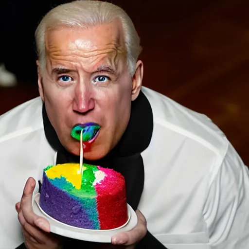 Image similar to obese joe biden eating rainbowcake