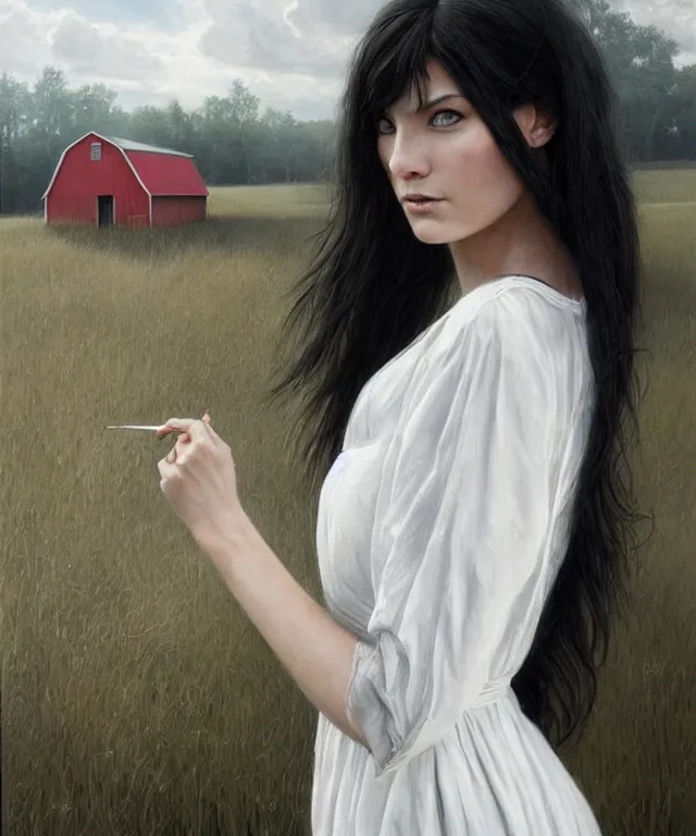 Prompt: hyper realistic detailed painting of a 2 5 years old woman in the shadow of a barn. beautiful face, white dress, long black hair, highly detailed, sharp focus, art by eddie mendoza, wide angle.