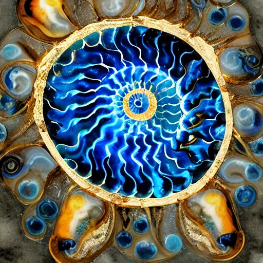 Prompt: transparent marble obsidian ammonite fossil, blue silk, flowing water, glowing gold embers, spiritual vibes, glass flame, amaro, art nouveau, foamy