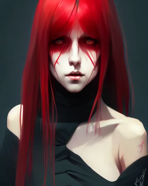 Image similar to sharp hq rendering, dark vampire, character portrait, concept art, painterly, fanart, highly detailed in the style of wlop by ilya kuvshinov, wenjun lin, angular asymmetrical design