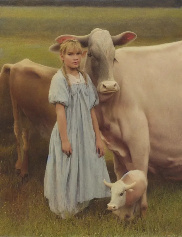 Prompt: portrait of peasant girl and cow on a farm, polaroid photo bleached vintage pastel colors high - key lighting, soft lights, foggy, by steve hanks, by lisa yuskavage, by serov valentin, by tarkovsky, 8 k render, detailed, oil on canvas