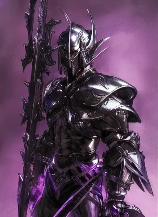 Image similar to Half body portrait of a handsome black haired elven warrior in black and purple heavy steel armour. In style of Yoji Shinkawa and Hyung-tae Kim, trending on ArtStation, dark fantasy, great composition, concept art, highly detailed.