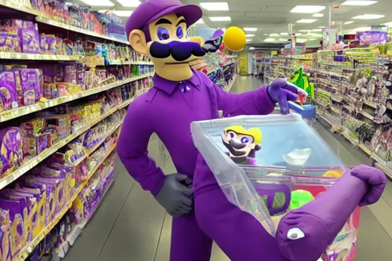 Image similar to waluigi robbing a kmart