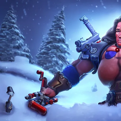 Image similar to a screenshot of arnold schwarzenegger as mei in the snow shooting frost gun in overwatch, portrait, fantasy, beautiful face, vivid colors, elegant, concept art, sharp focus, digital art, hyper - realistic, 4 k, unreal engine, highly detailed, hd, dramatic lighting by brom, trending on artstation