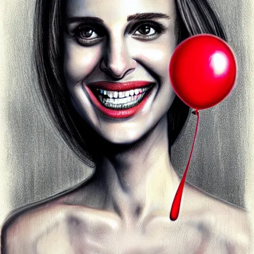 Prompt: surrealism grunge cartoon portrait sketch of natalie portman with a wide smile and a red balloon by - michael karcz, loony toons style, horror theme, detailed, elegant, intricate