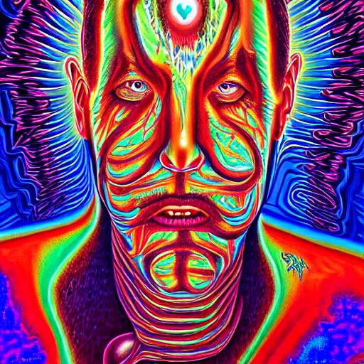 Prompt: Painting of human consciousness spilling from a vessel that is made of a holographic universal mind. By Alex Grey, Terence McKenna, and Adam Jones, Psychedelic . Part by Cameron Grey. masterpeice