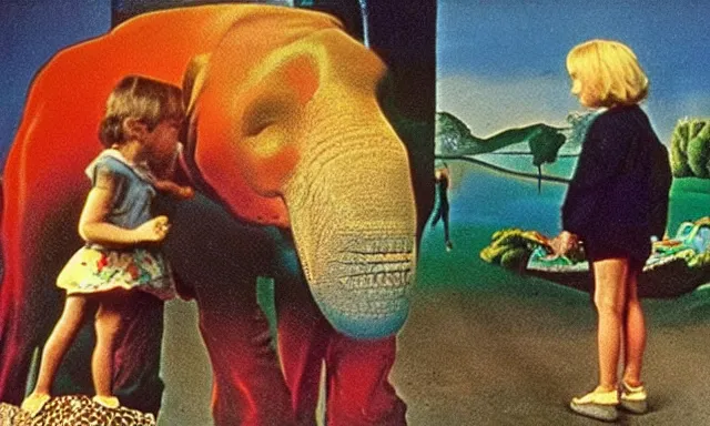 Image similar to full - color cinematic movie still from a 1 9 6 8 surreal film directed by salvador dali about children visiting a zoo. bizarre ; dream - like.