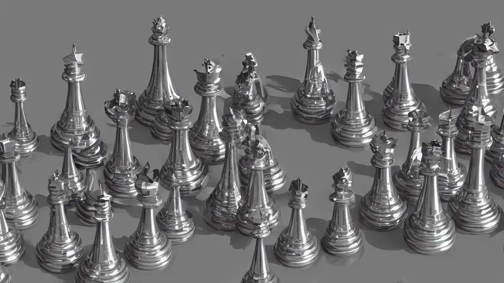 Prompt: 3d rendering, studio shot of full body portrait of metal chess pieces in a row, hyper realistic detailed, rim light