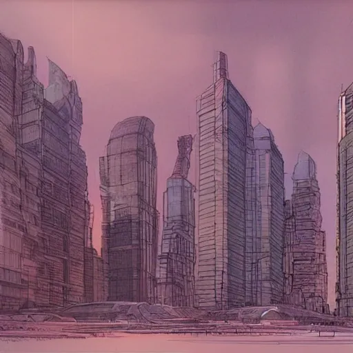 Prompt: concept art of a huge cat - like building in the middle of a city, by moebius