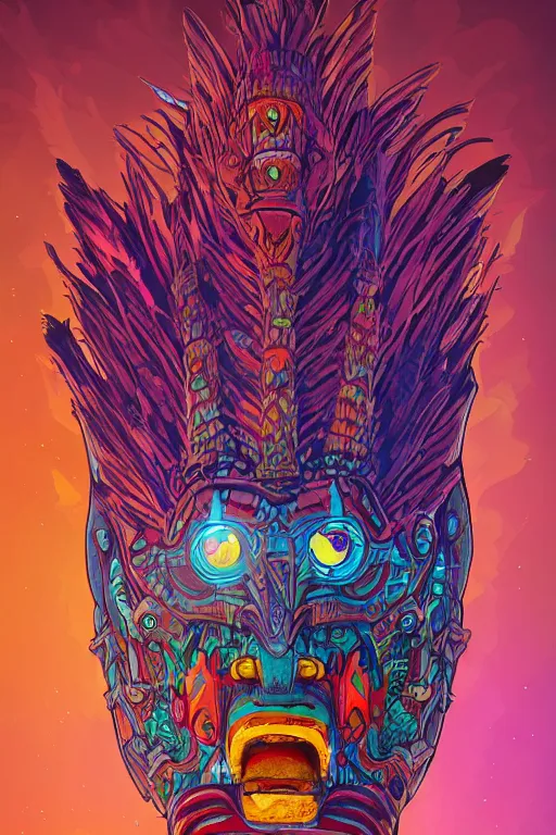 Image similar to totem animal tribal chaman vodoo mask feather gemstone plant wood rock video game illustration vivid color borderlands by josan gonzales and dan mumford radiating a glowing aura