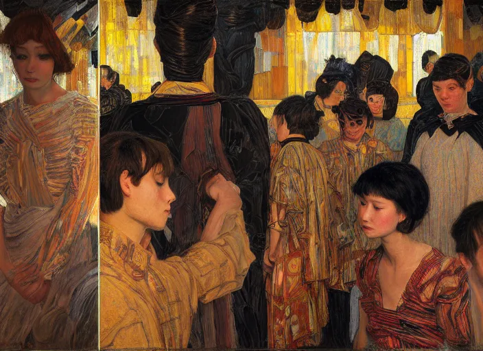 Image similar to people in movie theatre, interior factory bright, portrait face, in the style of frantisek kupka, intricate, miles johnston, keita morimoto, kuroda seiki, cynical realism, ozabu, john william godward, painterly, yoshitaka amano, beautiful lighting, miles johnston, klimt, louise zhang, james jean