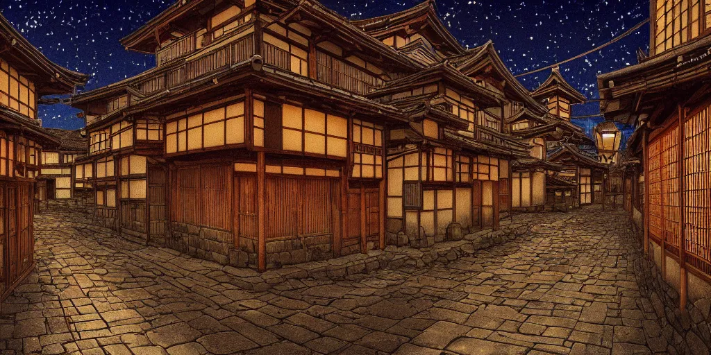 Prompt: Medieval Kyoto street at night landscape, 8K, trending on artstation, golden ratio, low key, pleasant composition, by Jean Giraud