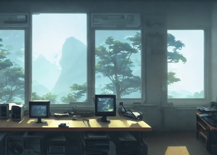 Image similar to interior of a room with old pc computers stacked on a desk and trees outside the window, makoto shinkai, dusty, matte painting