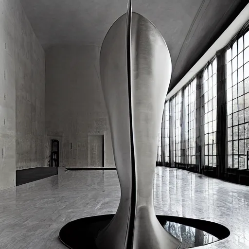 Image similar to giant Italian modern castle living room, clean minimalist design, that is 1300 feet tall, a series of modern stainless steel organic shaped modern sculptures with mirror finish, photo by Annie Leibovitz