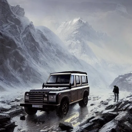 Image similar to a landrover crossing the alps while its snowing, digital art, artstation, photgraphy, highly detailed, digital painting, artstation, concept art, sharp focus, illustration, art by greg rutkowski and artgerm