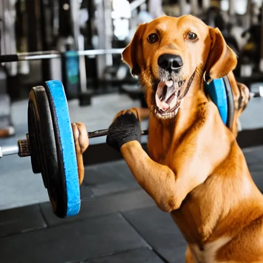 Prompt: a dog lifting weight