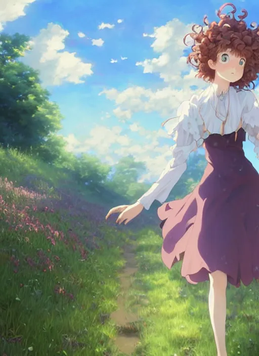 Image similar to Painting of a cottagecore witch with poofy curly strawberry hair in the style of Violet Evergarden, beautiful anime art style, winged eyelashes, countryside, calm, fantasy character portrait, dark outlines, dynamic pose, above view, sunny day, artwork by Makoto Shinkai, very coherent asymmetrical artwork, sharp edges, perfect face, simple form, 100mm