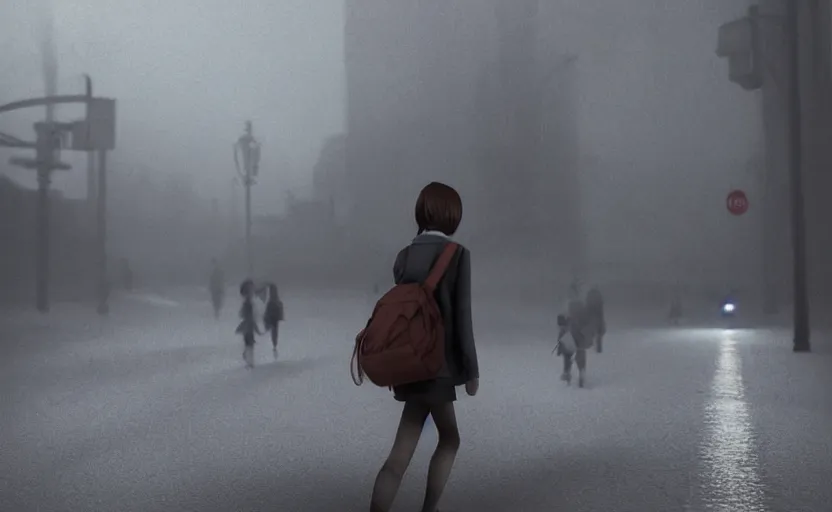 Image similar to school girl walking at night, gloomy and foggy atmosphere, octane render, cgsociety, artstation trending, horror scene, highly detailded