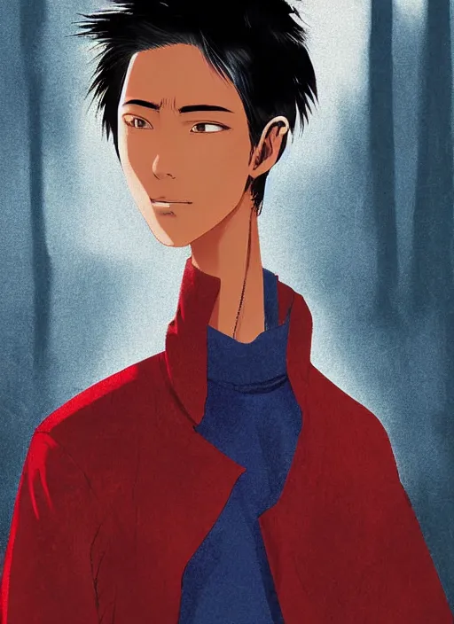 Prompt: manga cover, asian filipino thai teenage boy with feathered curtain-style middle part hair, red turtleneck and navy blue parka, intricate cyberpunk city, emotional lighting, character illustration by tatsuki fujimoto