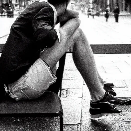 Image similar to black and white fashion photograph, highly detailed portrait of a depressed white drug dealer sitting on a bench on a busy Paris street, looking into camera, eye contact, natural light, rain, mist, lomo, fashion photography, film grain, soft vignette, sigma 85mm f/1.4 1/10 sec shutter, Daren Aronofsky film still promotional image, IMAX 70mm footage