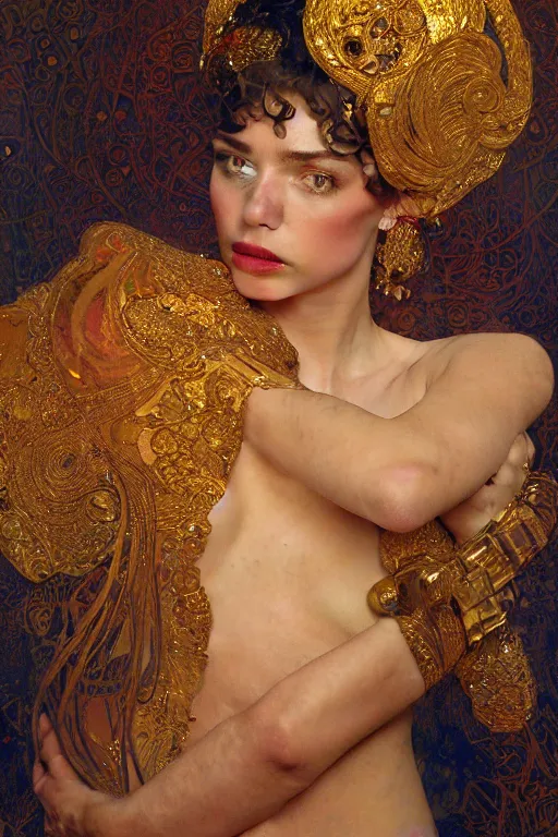 Prompt: an intricate painting of a beautiful young lady with an artistic sensual pose with klimt golden motives and textures, hyper detailed, ornamental gold headpiece, octane render, vivid colors, artstation, by jeremy mann, by alphonse mucha, by boris vallejo