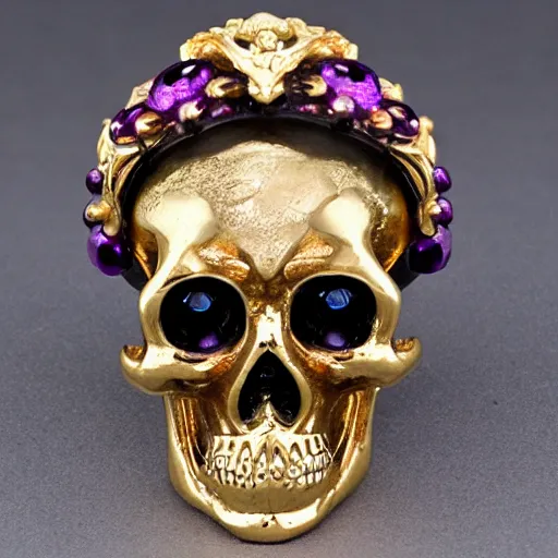 Prompt: baroque skull, scrollwork, gold, silver, precious gems