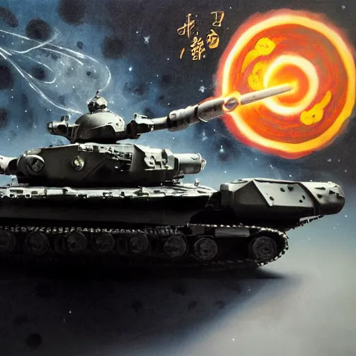 Image similar to a battle tank heavy armor blasting with yin - yang black and white symbol daoist paint, in a cosmic field