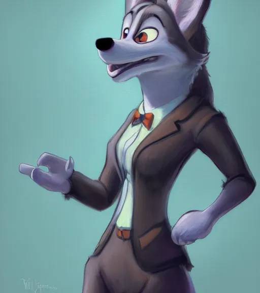 Image similar to oil painting of full body of anthromorphic female wolf, in style of zootopia, zootopia, zootopia, fursona, furry, furaffinity, 4 k, deviantart, furry art, fursona art, wearing black business suit, business suit, in style of zootopia, wolf fursona, cyberpunk, female, expressive detailed feminine face,