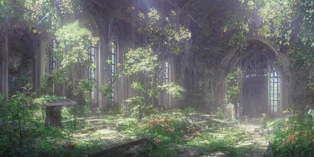 Prompt: anime kyoto animation key by greg rutkowski, violet evergarden in abandoned chapel with overgrown flowers and plants