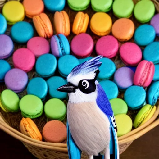 Image similar to A blue jay standing on a large basket of rainbow macarons.