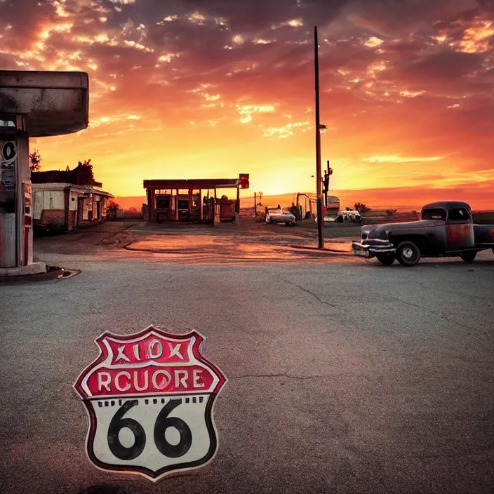 Image similar to a sunset light landscape with historical route 6 6, lots of sparkling details and sun ray ’ s, blinding backlight, smoke, volumetric lighting, colorful, octane, 3 5 mm, abandoned gas station, old rusty pickup - truck, beautiful epic colored reflections, very colorful heavenly, softlight