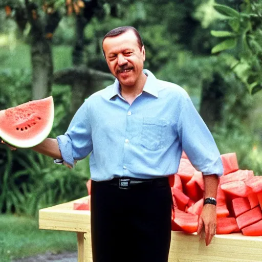 Image similar to recep tayyip erdogan smiling holding watermelon for a 1 9 9 0 s sitcom tv show, studio photograph, portrait c 1 2. 0