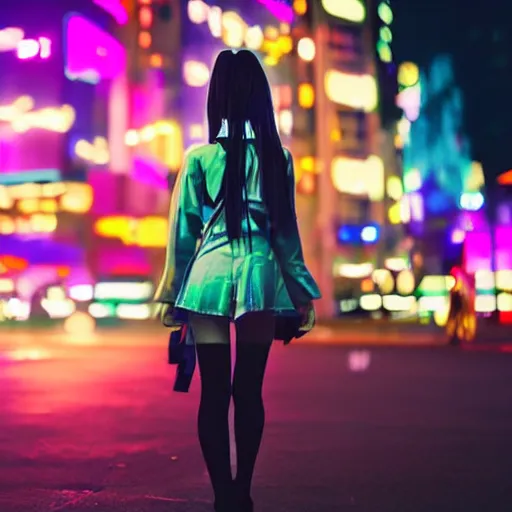 Prompt: An anime girl walking through a city at night, the neon lights reflecting off her eyes