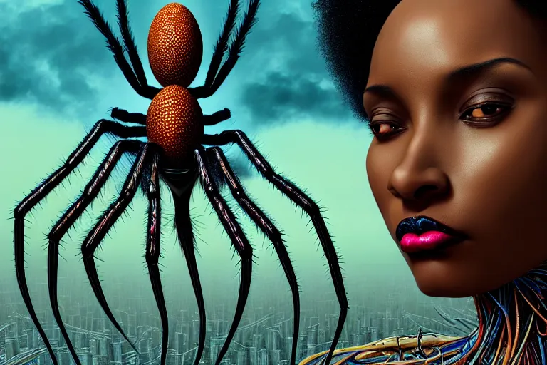 Prompt: realistic detailed closeup portrait movie shot of a beautiful black woman with a giant spider, dystopian city landscape background by denis villeneuve, amano, yves tanguy, alphonse mucha, max ernst, kehinde wiley, ernst haeckel, caravaggio, roger dean, cyber necklace, rich moody colours, sci fi patterns, wide angle