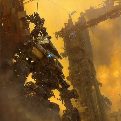 Image similar to six meters tall mech fighting in an urban environment, epic action scene, by gaston bussiere craig mullins jc leyendecker gustav klimt artgerm greg rutkowski john berkey, bergey, craig mullins, ruan jia, raymond swanland, jeremy mann, tom lovell, alex malveda