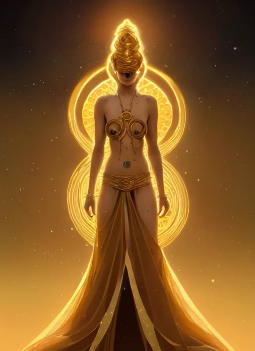 Image similar to a beautiful cinematic female sand goddess, golden dress, glow golden tatto, galatic shamen with Quantum energy fantasy, fantasy magic, undercut hairstyle, dark light night, intricate, elegant, sharp focus, illustration, highly detailed, digital painting, concept art, matte, art by WLOP and Artgerm and Greg Rutkowski and Alphonse Mucha, masterpiece