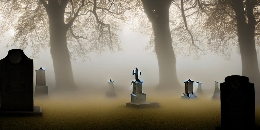 Prompt: creepy horror, Highgate cemetery, tombs, weeping transparent female apparition at a gravestone, blanket of fog, rain, volumetric lighting, beautiful, golden hour, sharp focus, ultra detailed, cgsociety