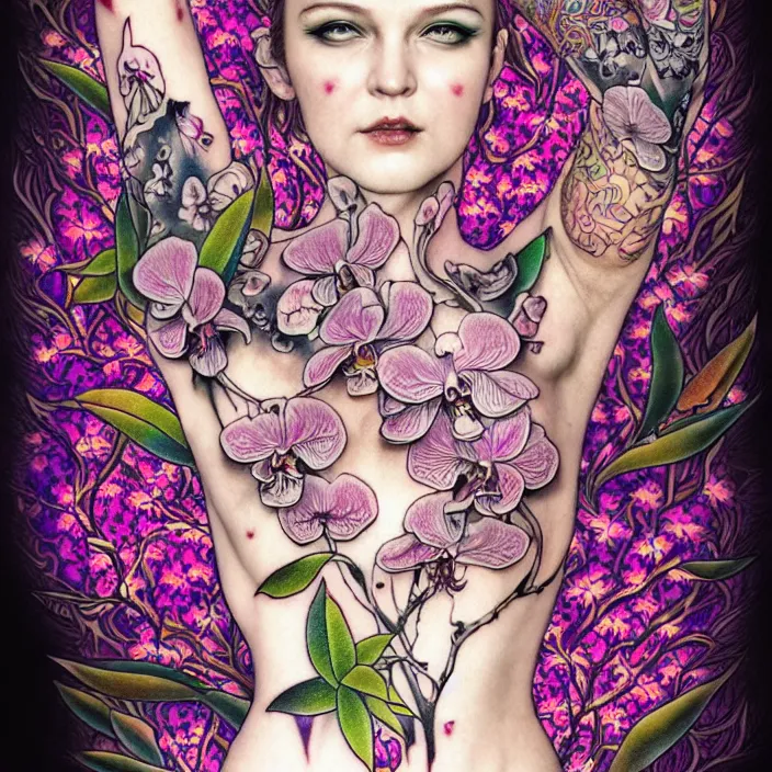 Image similar to extremely psychedelic tattoo design made of orchid and cherry blossom tree and mushroom, LSD tattoo design, diffuse lighting, fantasy, intricate, elegant, highly detailed, lifelike, photorealistic, digital painting, artstation, illustration, concept art, smooth, sharp focus, art by John Collier and Albert Aublet and Krenz Cushart and Artem Demura and Alphonse Mucha