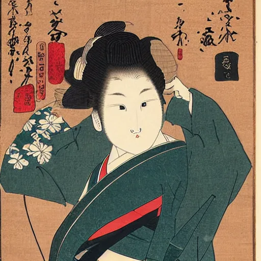 Image similar to portrait of a beautiful female ranger, upper body, ukiyo-e